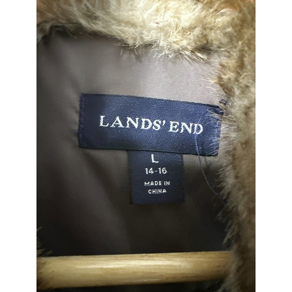 Lands' End Womens Puffer Vest Faux Fur Collar Brown Button Front Size L 14-16 - Picture 3 of 9